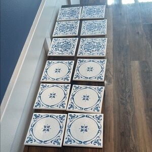 Lot 12 Vintage Mettlach Saar Germany Blue White Ceramic Tile Ornate Victorian 4"